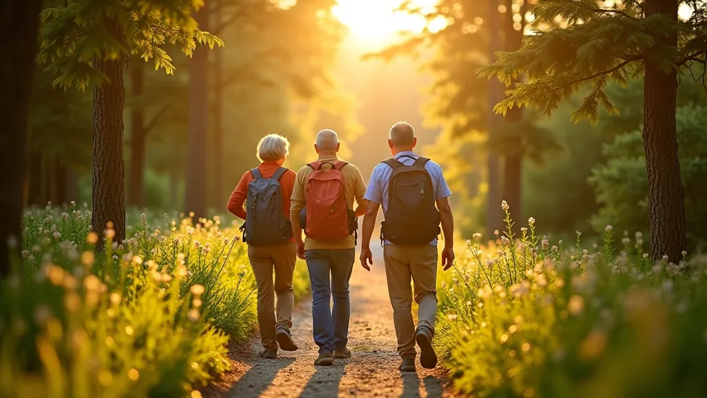 Senioru grupa pārgājienā, zaļā daba, vasara, Sigulda